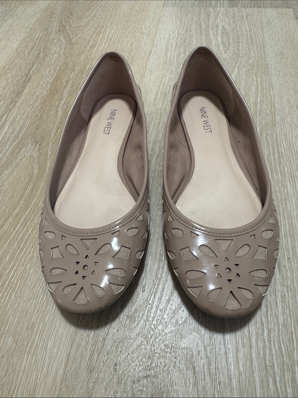 Nine West Taupe Laser-Cut Patent Ballet Flats